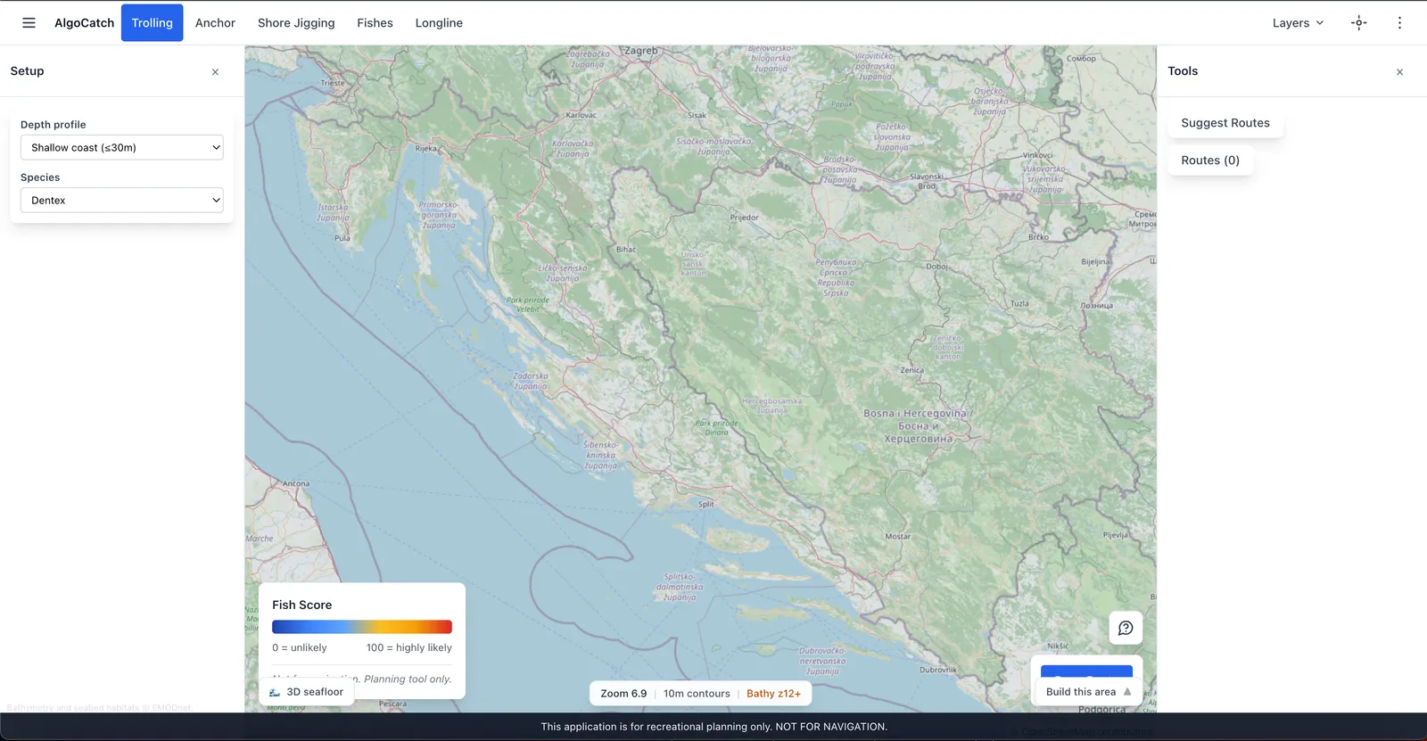 Posnetek zaslona karte AlgoCatch v Brezplačnem: globinske konture, Folk-5 dno in sloj habitata orade